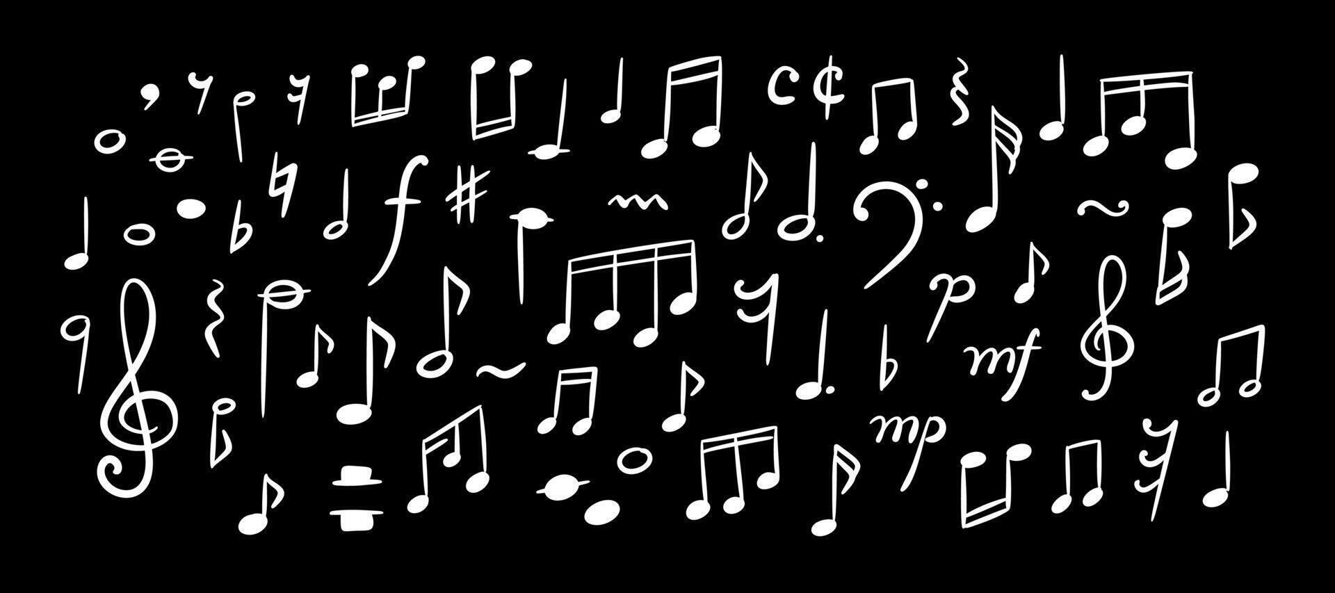 Music school blackboard. Handwriting musical notes, keys and symbols. Childish white crayon scribbles on the chalkboard. Hand drawn conservatory background. Piano concert poste vector