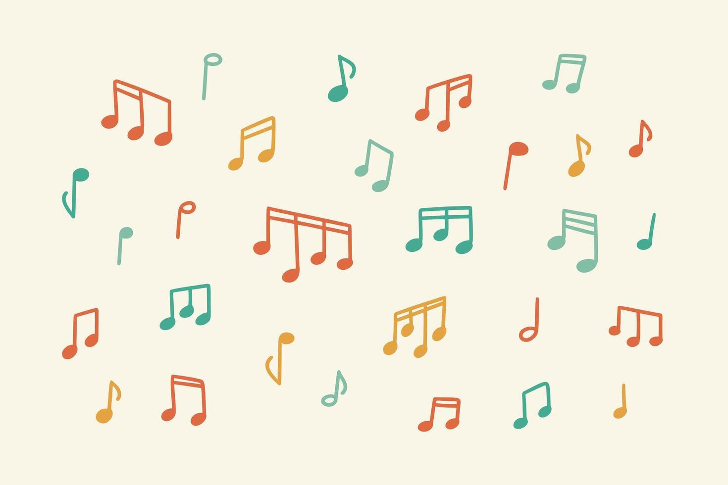 Set of handwriting childish music notes. Cute Lina doodle in kid style. Crayon and pencil child hand drawn scribble. Groovy whimsical melody background. Playful boho music festival concept vector