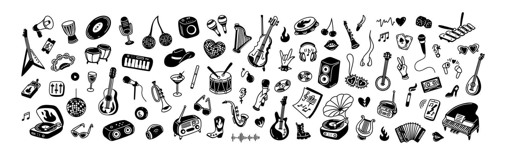 Handwritten doodle music design elements and icons. Punk, rock festival sketch background. Guitar, piano, flute and other musical instruments. Y2k retro disco crayon concept. Vinyl vintage player vector