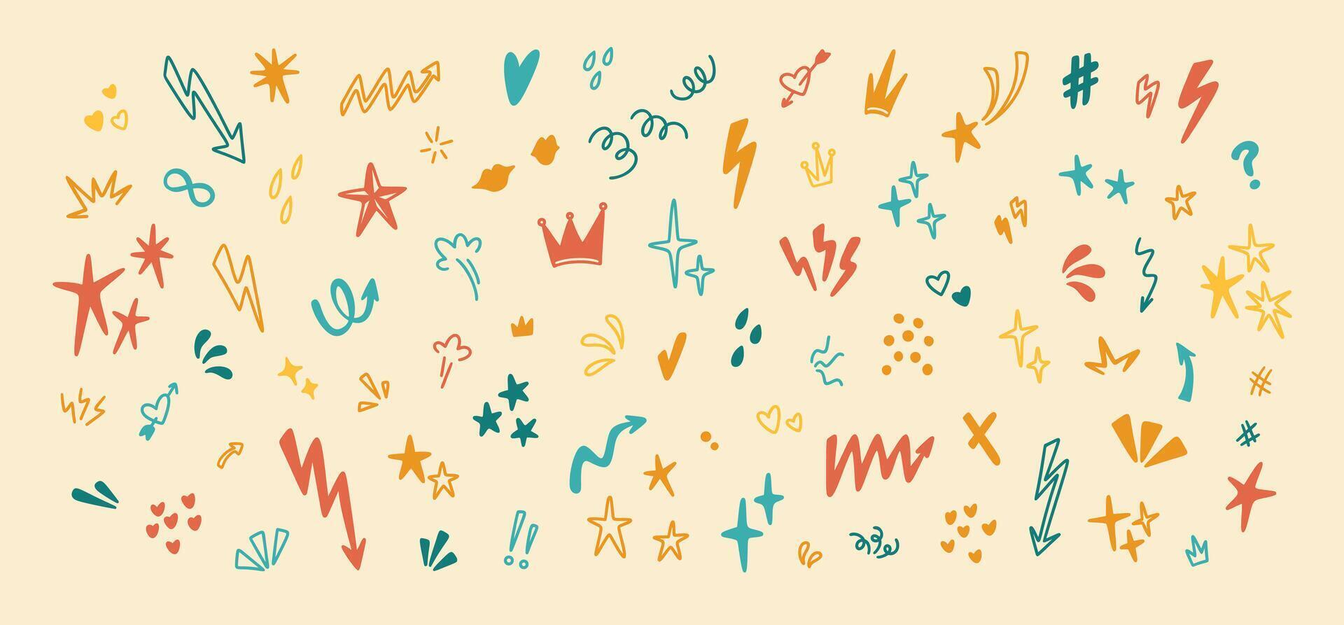Set of cute line doodle design elements. Hand drawn sketch illustration. Colorful arrow, crown, bling, twinkle, star, heart, lightning shapes. Kid, Birthday celebration confetti background vector