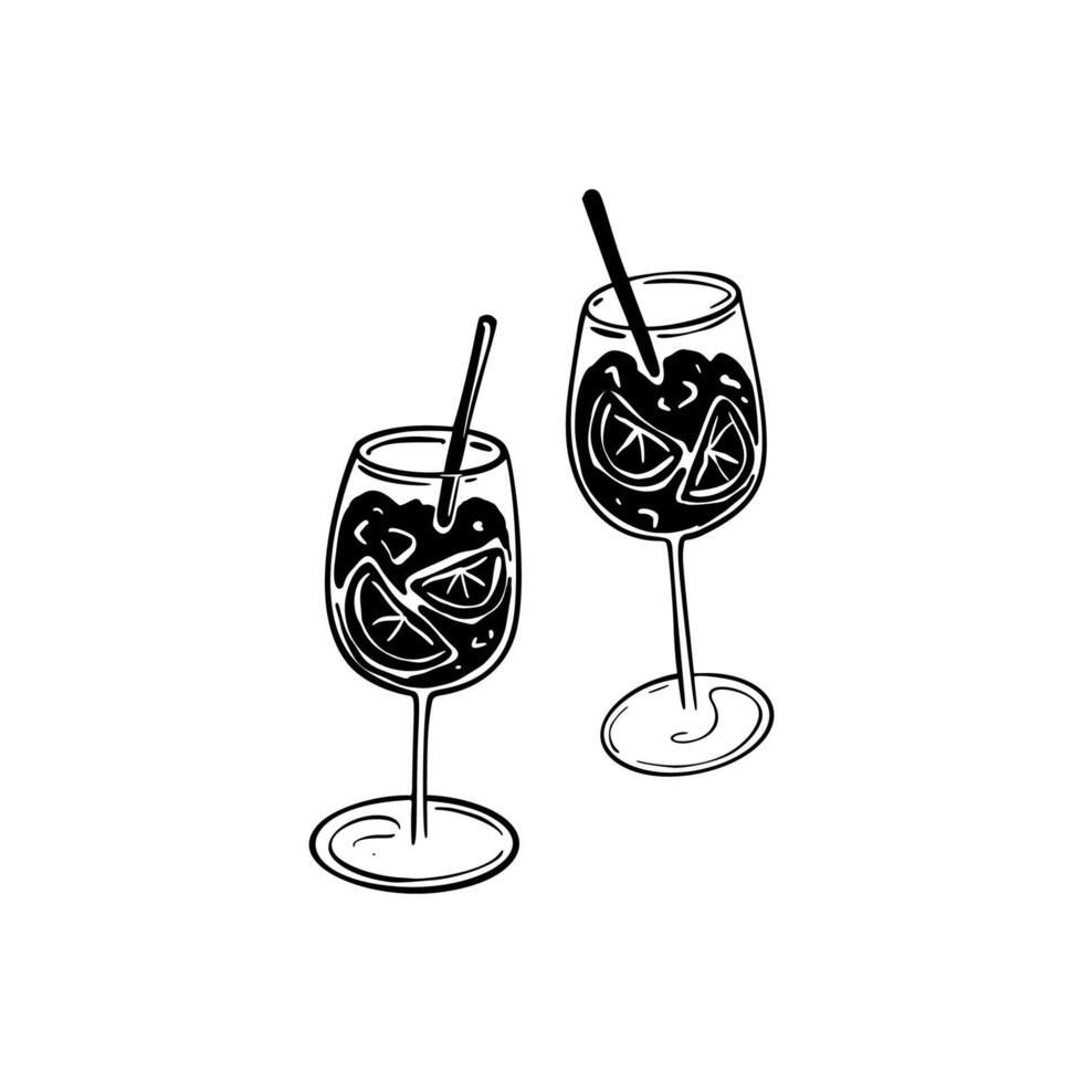 Two aperol spritz hand drawn illustration. Summer citrus cocktail glass sketch doodle drawing. Summer beach bar drink. Italian vacation alcohol drink. Orange beverage aperitif vector