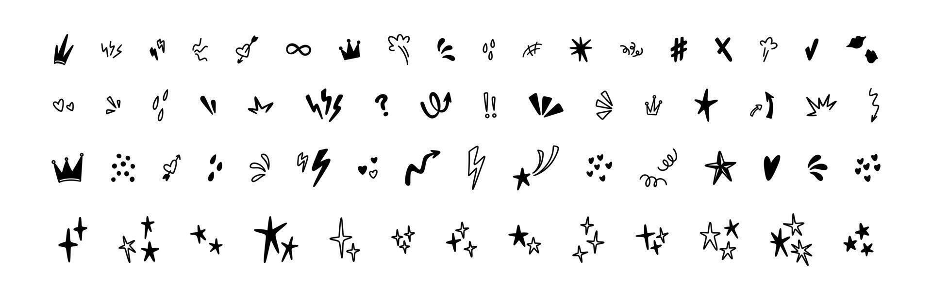 Set of cute line doodle hand drawn icons in manga Japanese style. Comic motion, movement, magic, twinkle effect. Naive childish playful whimsical crayon scribbles. Spark, confetti, stars, heart shapes vector