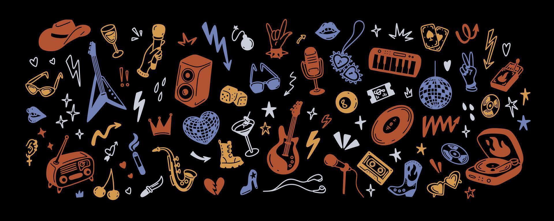 Rock n roll and punk music retro y2k style background. Hand drawn doodle illustration. Tattoo, sticker, icons and grafitti drawings. Emo goth grunge doodle. Fire, heart, star shape vector