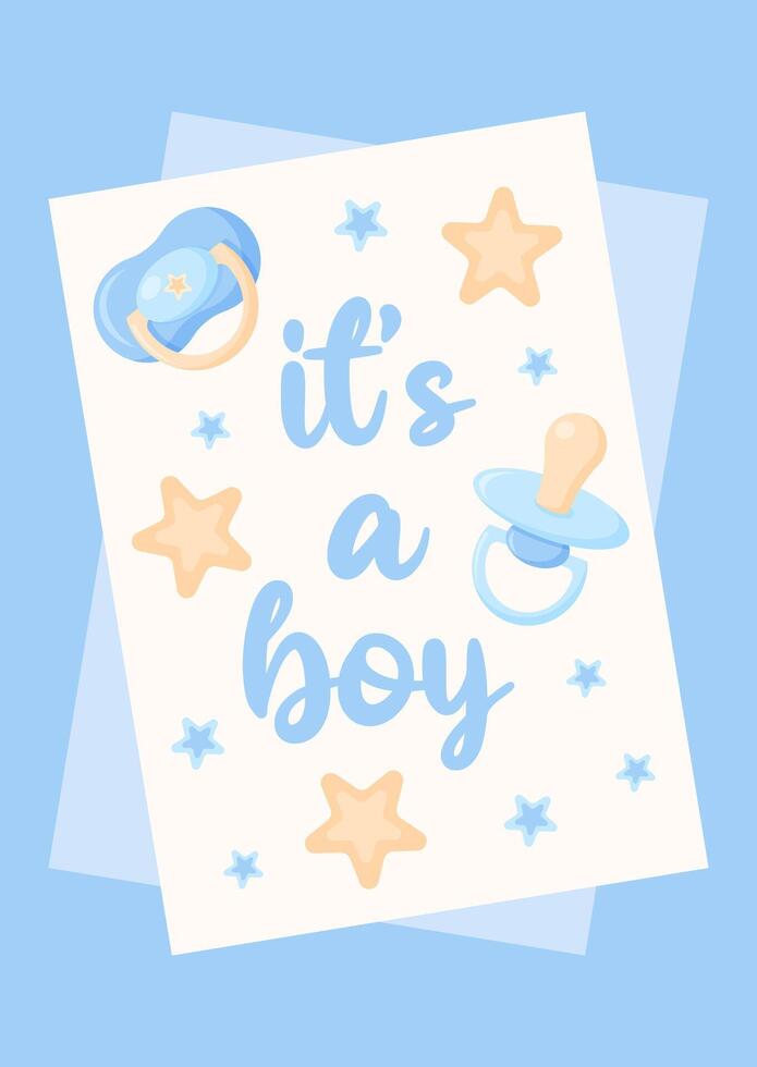 Gentle postcard It's a boy. Poster with baby Dummy and stars for gender reveal party in blue tones. illustration. vector