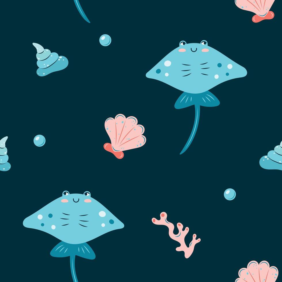 Seamless pattern sea life. Marine animal stingray fish on dark background. illustration. vector