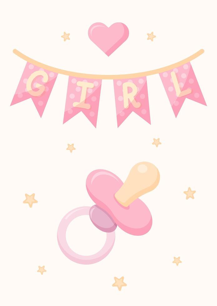 Gentle postcard It's a girl. Poster with baby Dummy and flag garland for gender reveal party in pink tones. illustration. vector