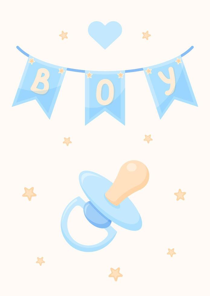 Gentle postcard It's a boy. Poster with baby Dummy and flag garland for gender reveal party in blue tones. illustration. vector
