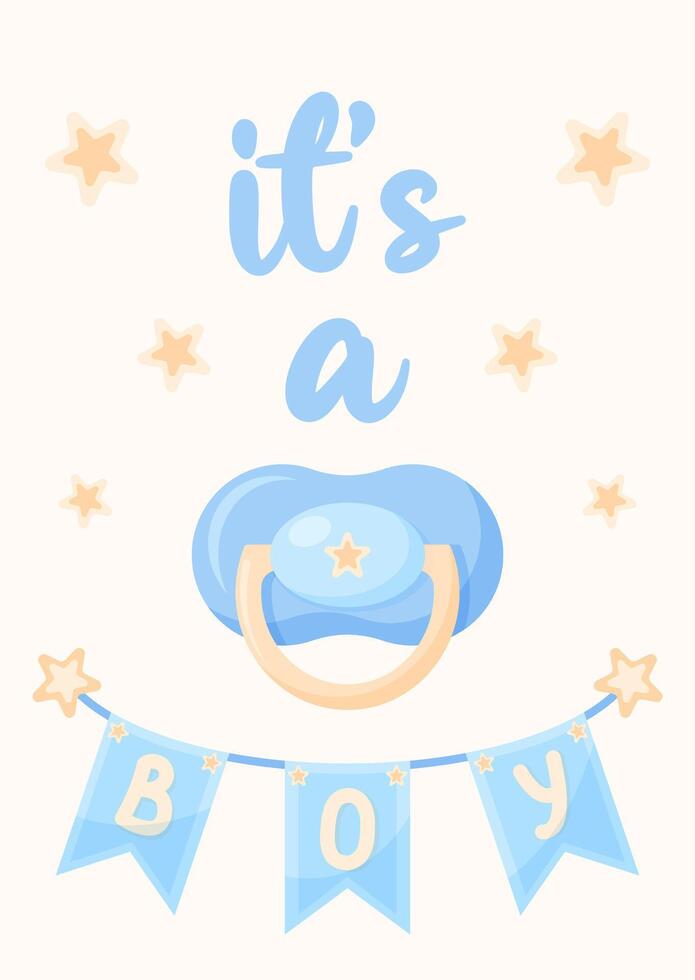 Gentle postcard It's a boy. Poster with baby Dummy and garland for gender reveal party in blue tones. illustration. vector