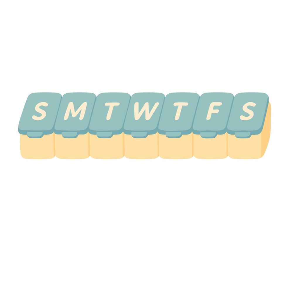 Cartoon weekly pillbox with soft pastel colors. Flat medicine container for daily use. vector