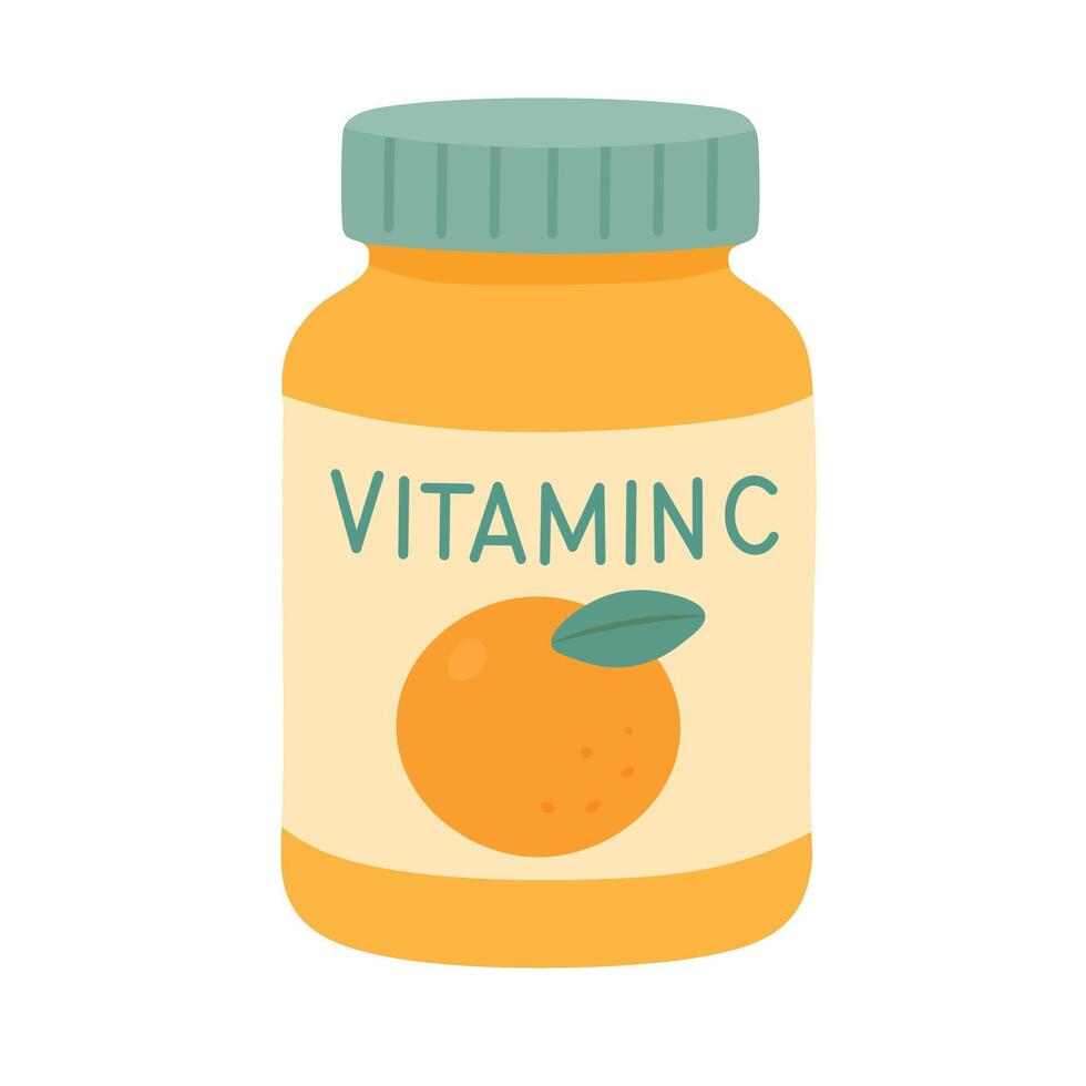 Cartoon vitamin C bottle with orange fruit label. Flat supplement and health illustration. vector