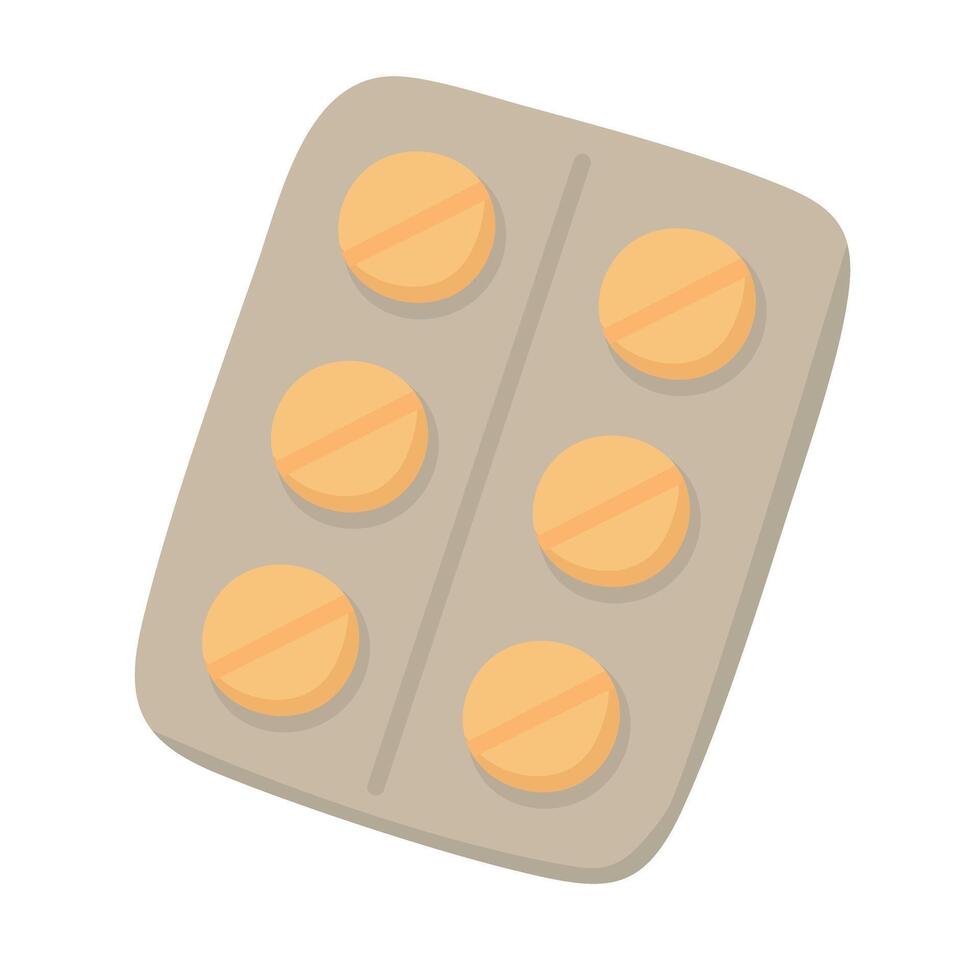 Blister pack with six orange tablets. Flat cartoon medicine icon in soft illustration. vector