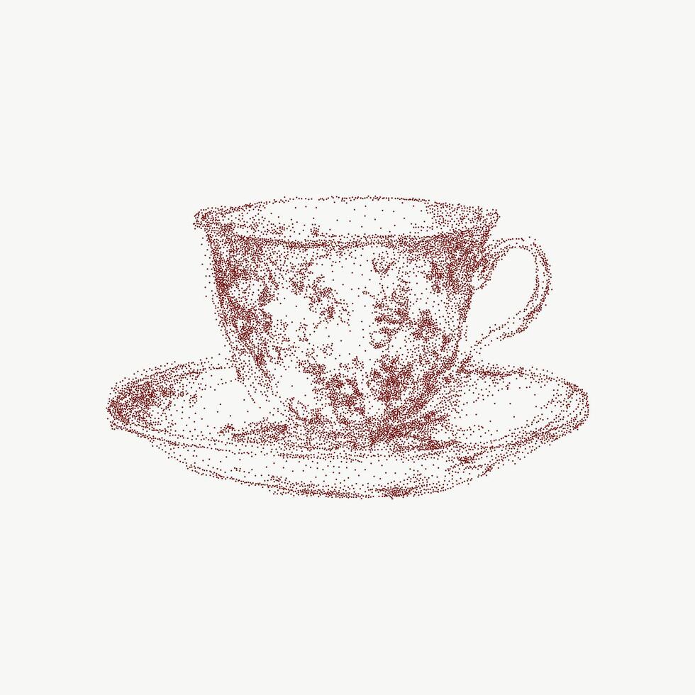 Retro tea party red illustration with dainty cup and floral ornaments. Stipple ink sketch in retro style, noisy halftone texture for elegant design. vector