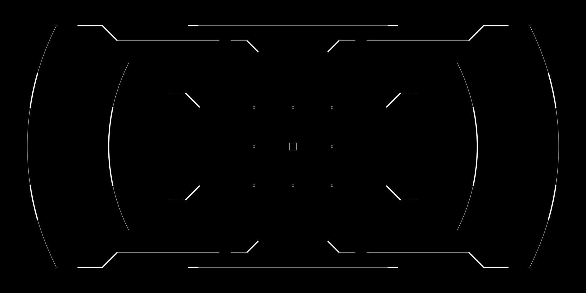 Futuristic HUD overlay with circular tech UI for drone, VR or cyberpunk game interface. Sleek sci fi frame with digital elements, radar, glitch effects and tactical data on clean black background. vector