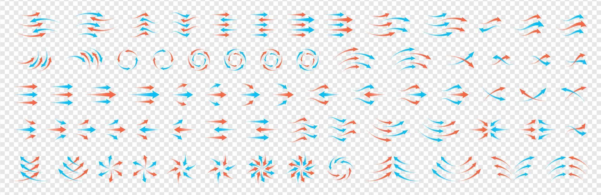Airflow and ventilation icon set. Includes circular arrows, hot and cold wind flow, fan, filter, purification and climate recovery symbols. Infographic style for electronic or HVAC themes. vector