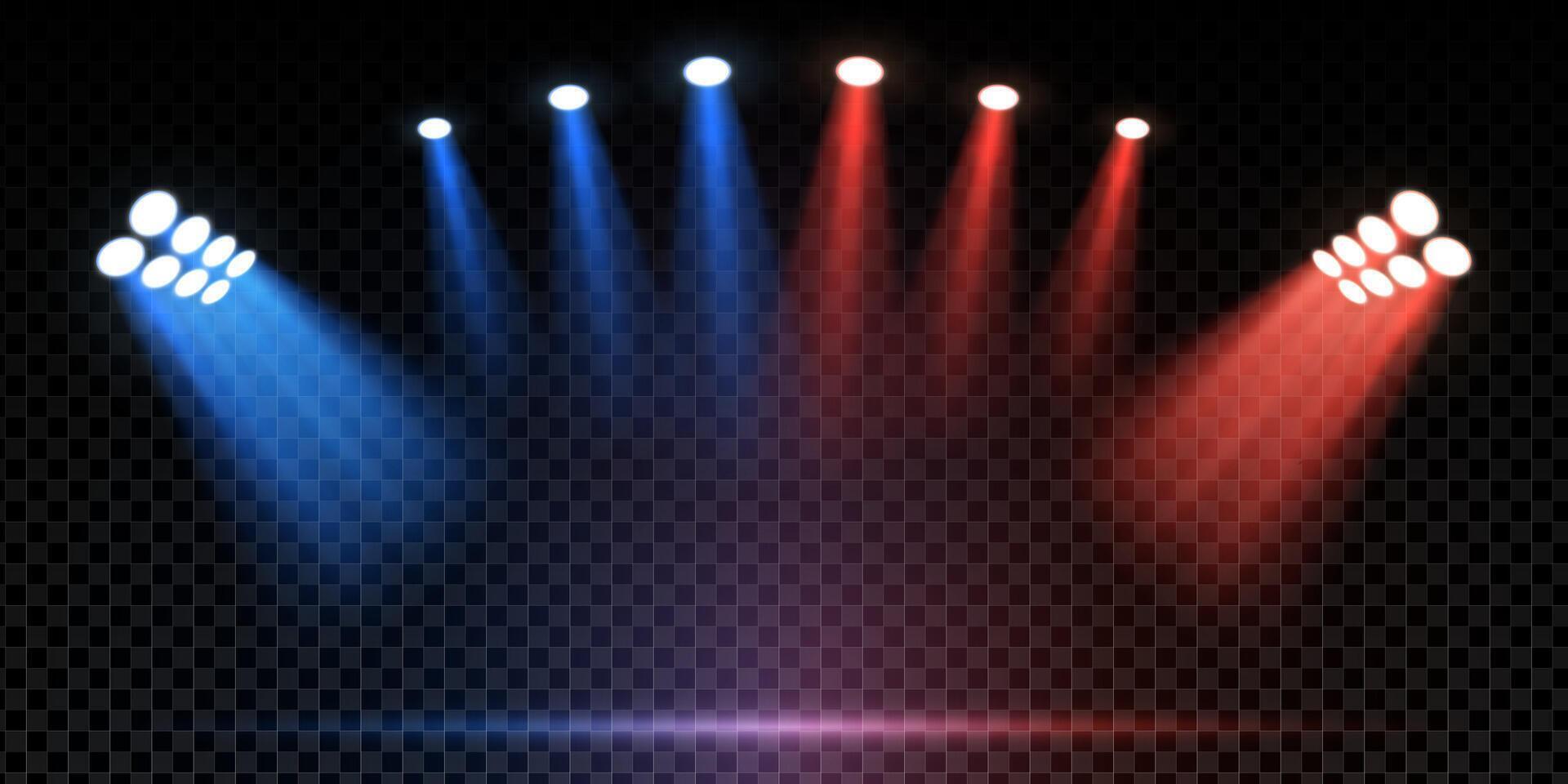Red and blue stadium spotlight beams shine on empty stage. concert or sport scene with floodlights and dark background. Abstract arena, runway or boxing ring reveal with dramatic effect. vector
