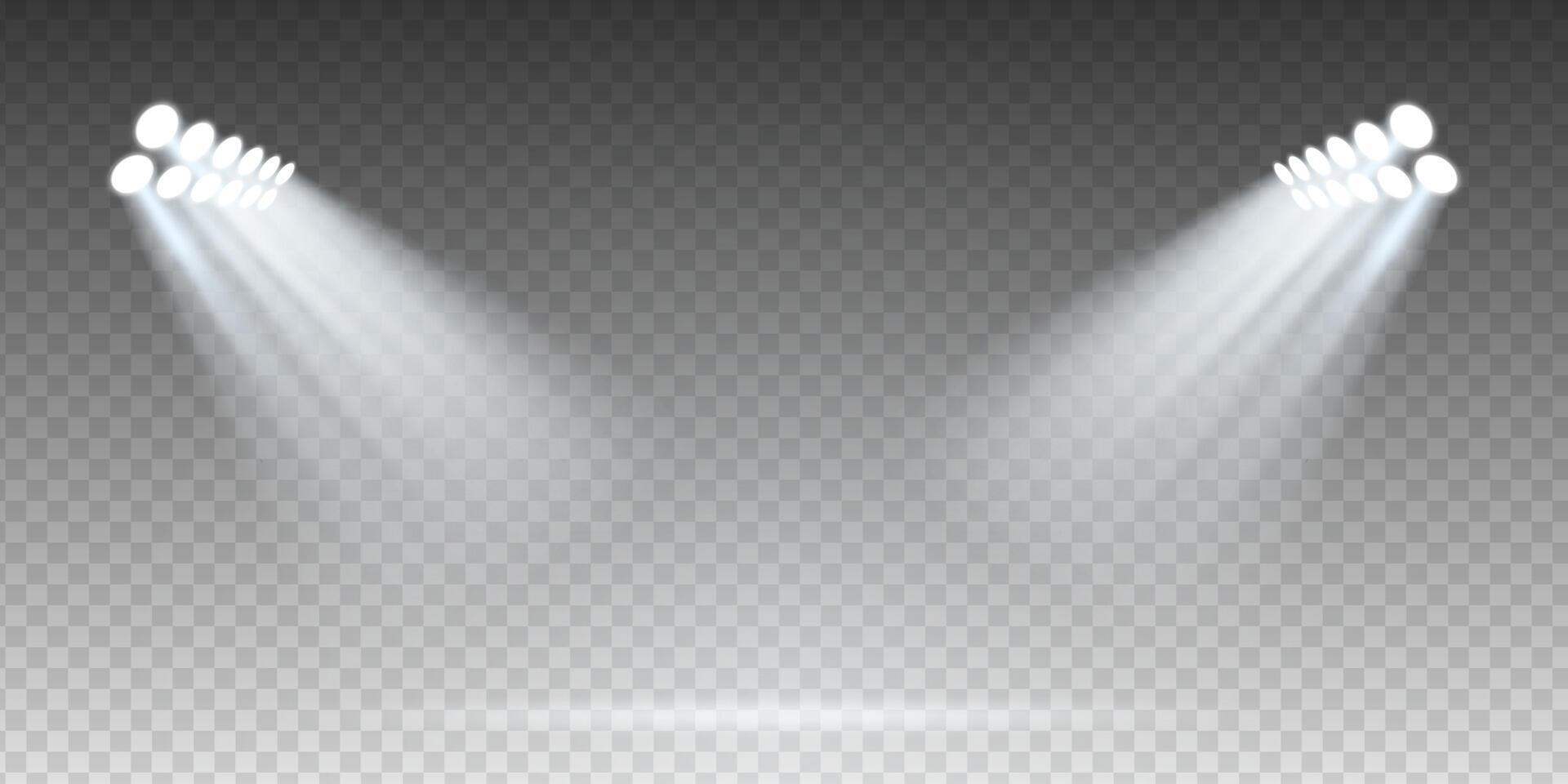 Realistic concert spotlight scene with bright LED floodlights over stadium stage. Transparent background. Night sport arena or presentation podium with mist, sparkle and dramatic illumination. vector