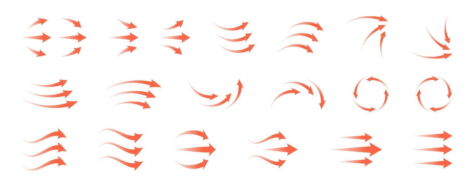 Airflow icon set featuring circular arrows, heat waves and wind streams. Red symbols for ventilation, AC, purifier or climate control illustration. Clean and modern design. vector