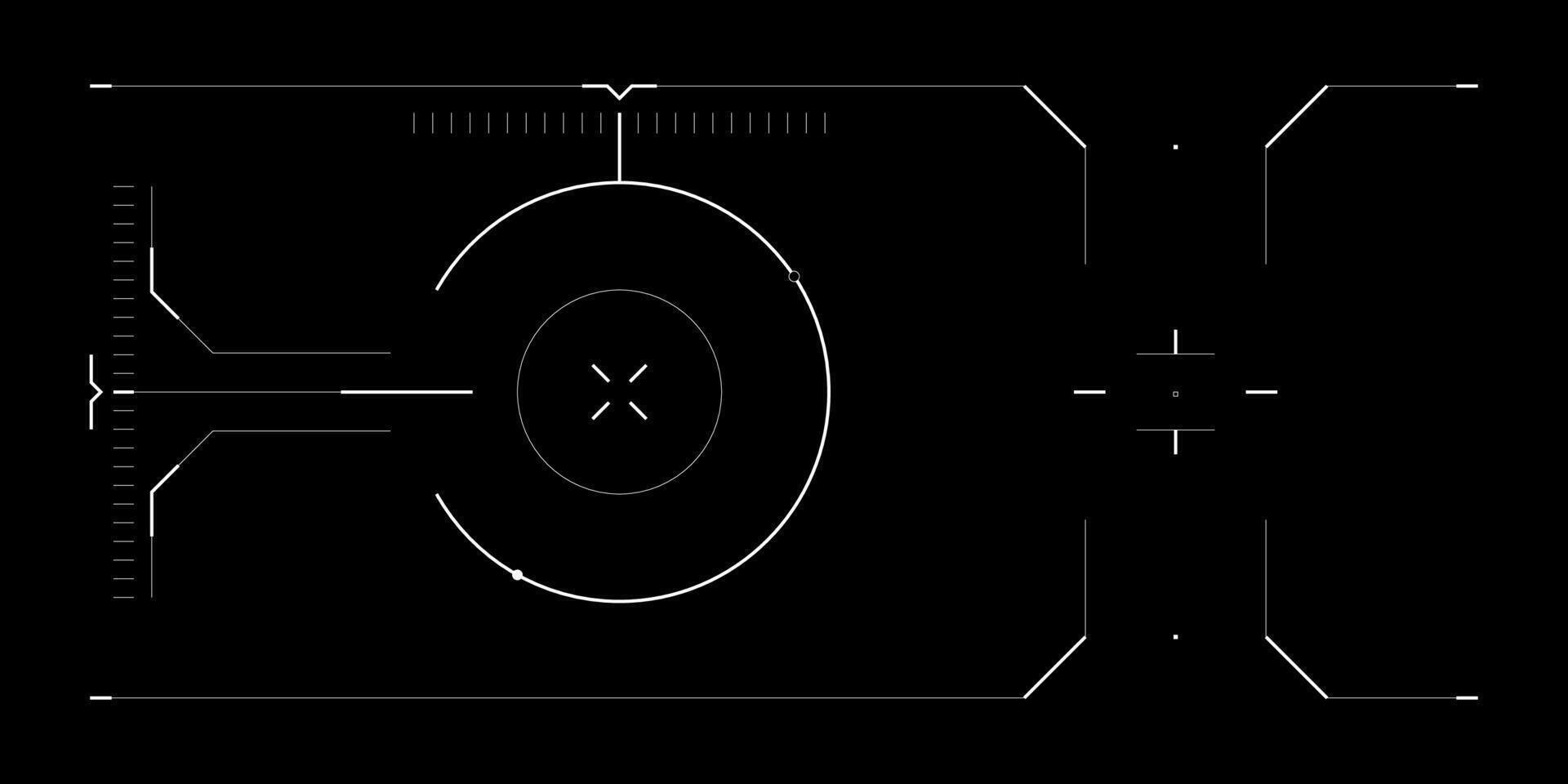 Futuristic tech HUD overlay with digital UI for drone or sci fi interface. Cyberpunk screen layout with radar, reticle, glitchy data and FPV view. Black background with hologram elements. vector