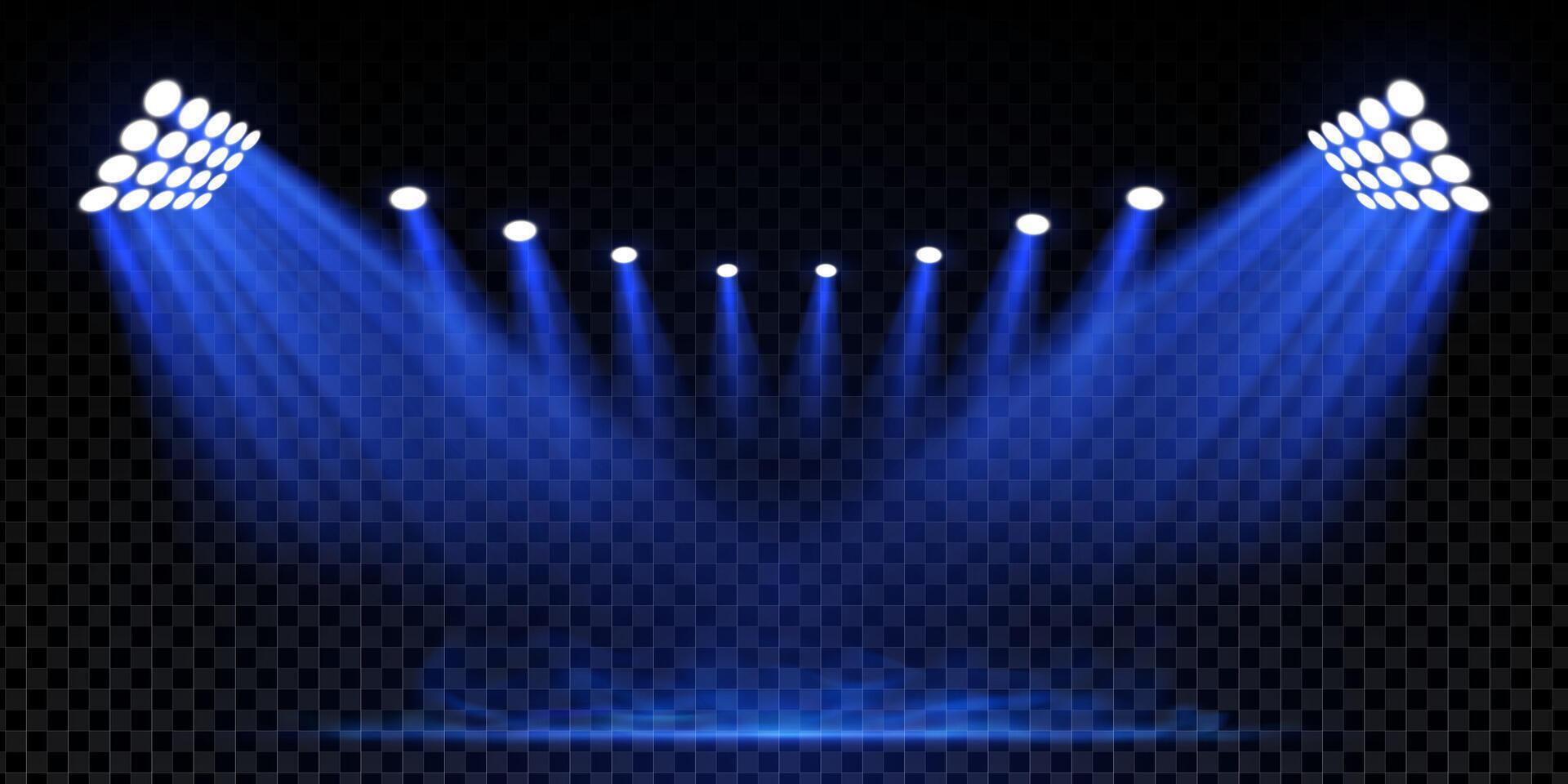 Night stadium concert with blue spotlight and fog. Football field with smoke, haze and LED floodlights. Bright stage lights, disco atmosphere and abstract illuminated background. illustration vector