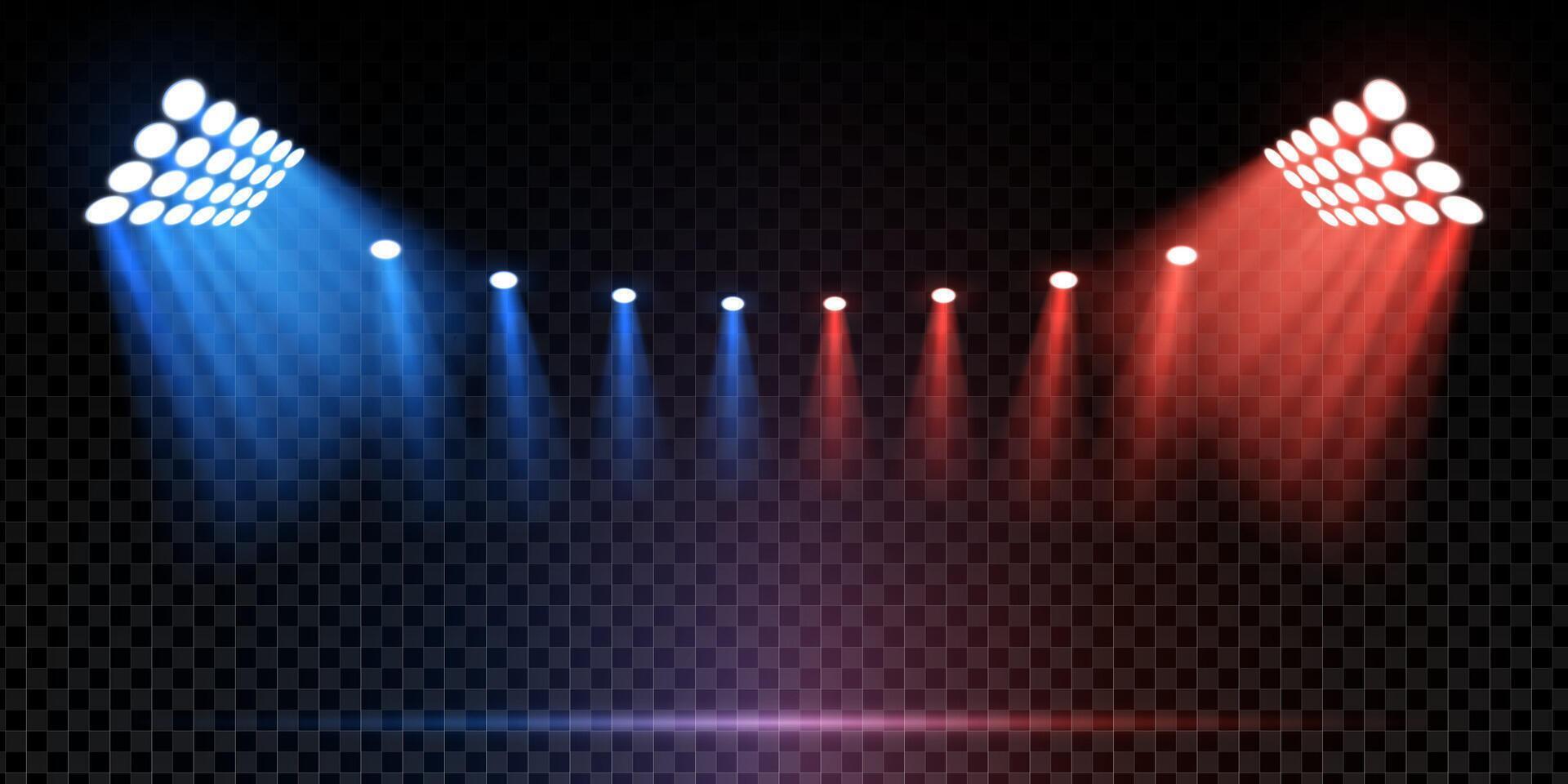 Spotlight sport stage with red blue lighting and dark arena background. Shows floodlights, glitter effects and dramatic beams. Scene evokes competition, show and entertainment energy eps illustration vector