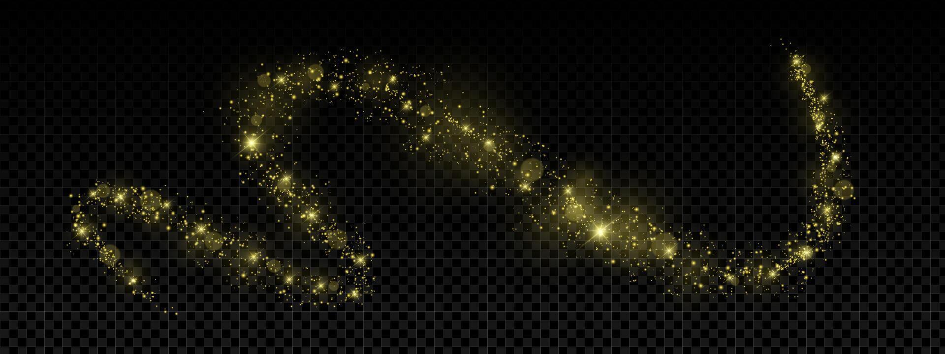 Magic gold glitter dust swirl with stars, sparkles and glowing light trail. Bright shimmer effect with flare, bokeh and stardust on dark background. Fantasy night illustration. vector