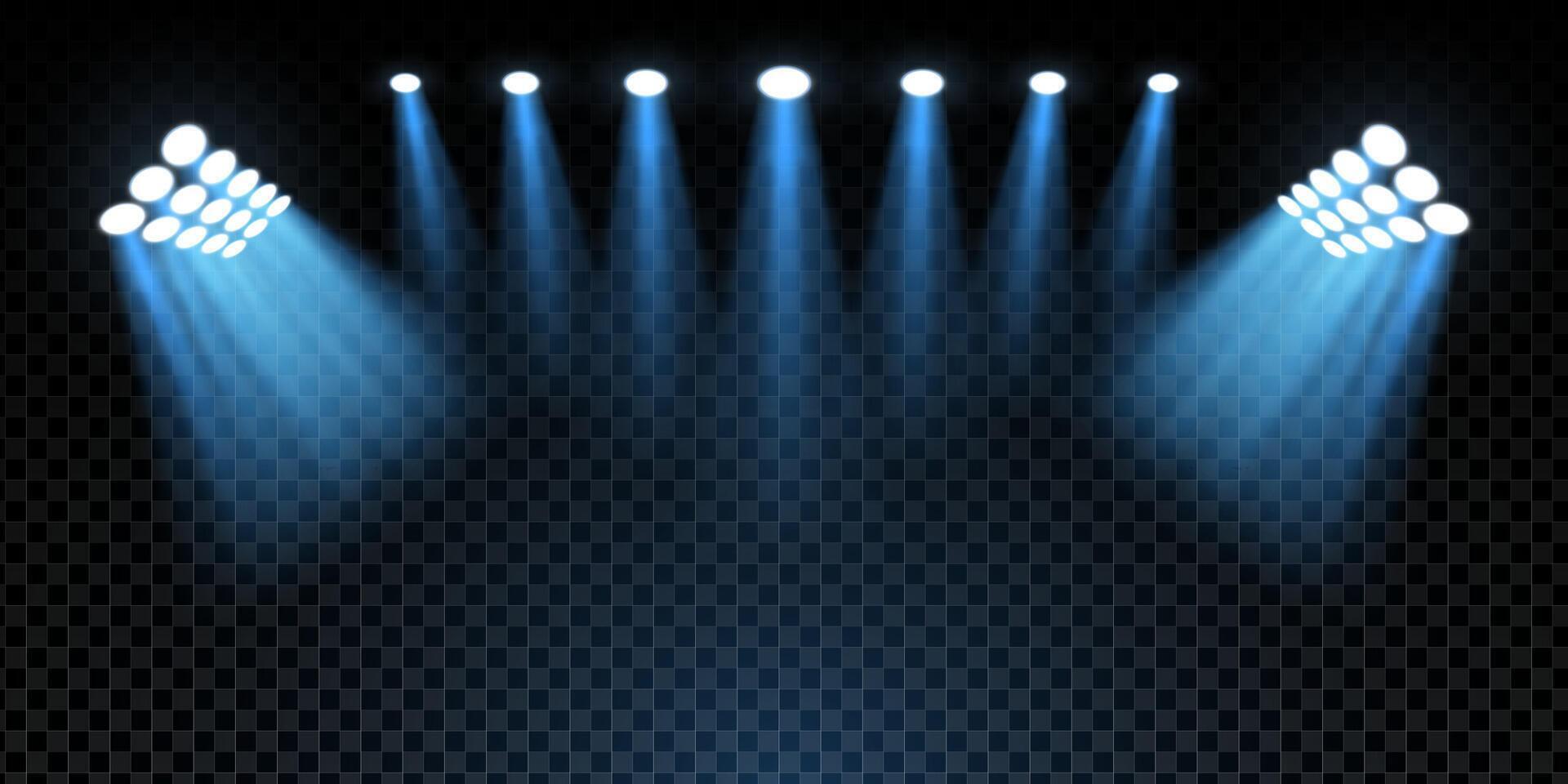 3D stadium scene with illuminated football pitch, bright LED spotlights and neon glow. Night event atmosphere with floodlights, beams and empty stage. Realistic background with luxury sparkle. vector