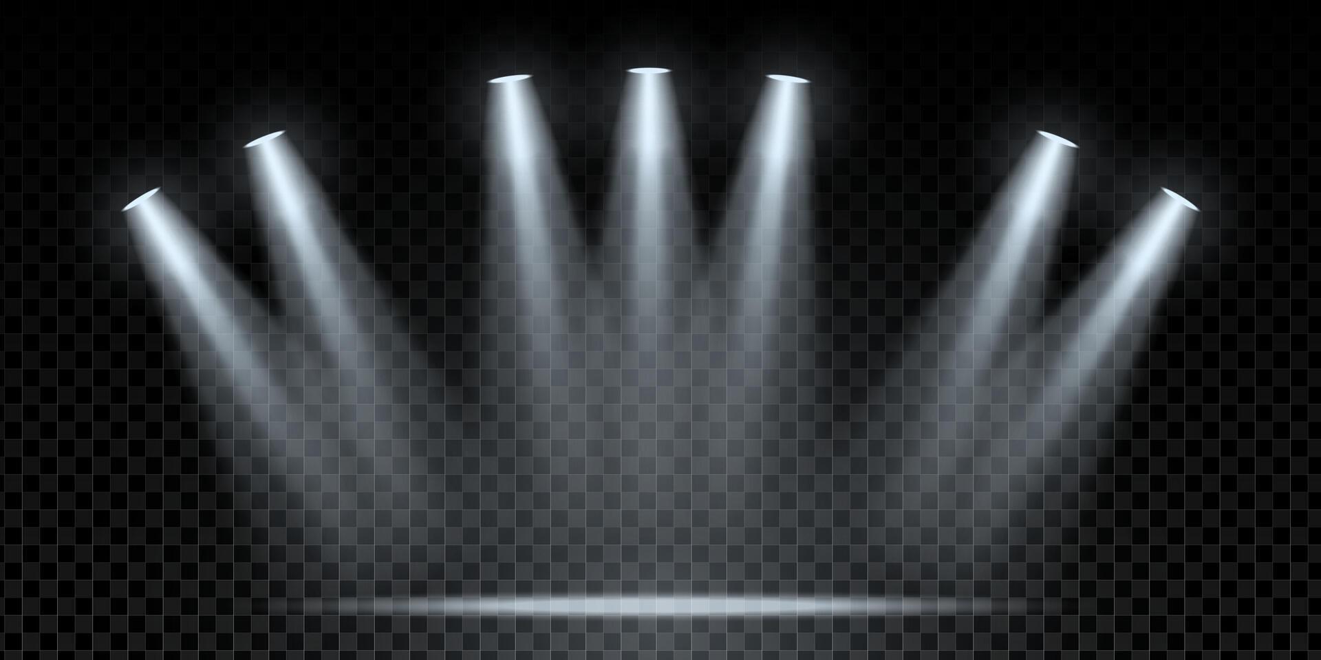Realistic stadium spotlight scene with illuminated stage and bright LED floodlights. Night concert or football event atmosphere with sparkle, ceiling lights and dramatic shine. Transparent background. vector