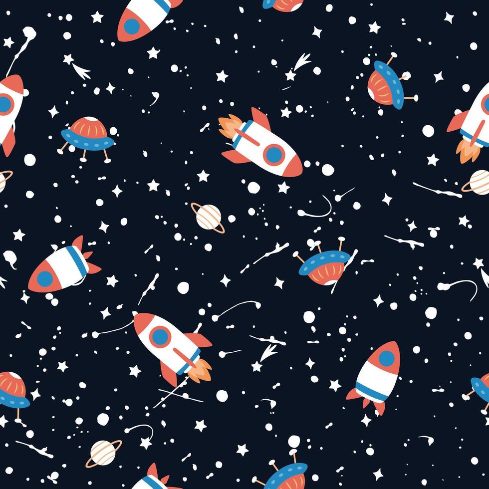 space pattern with rockets and UFOs vector