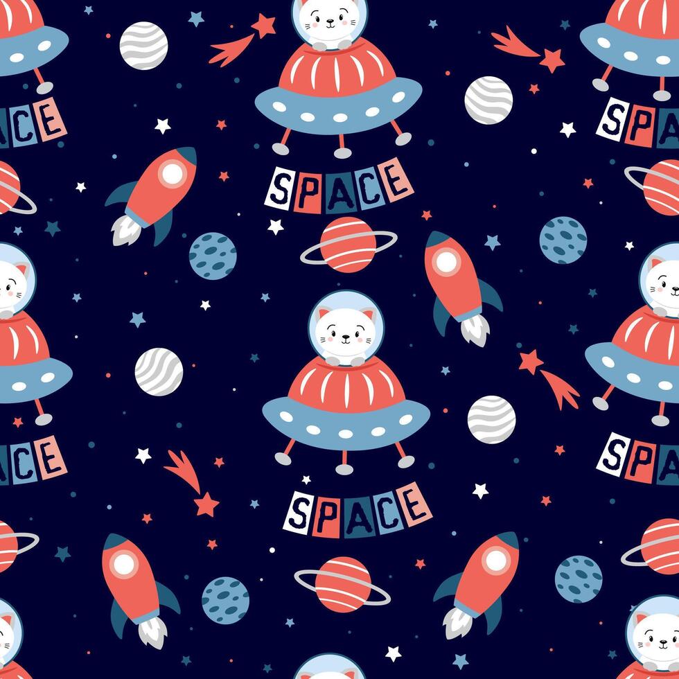 Cute space themed pattern with UFOs vector