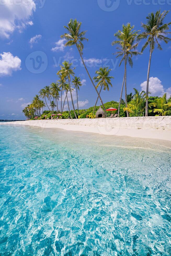 Panoramic vertical tropical beach view with turquoise ocean and soft white sand, beautiful island escape perfect for summer relaxation, vacation design, and travel background photo