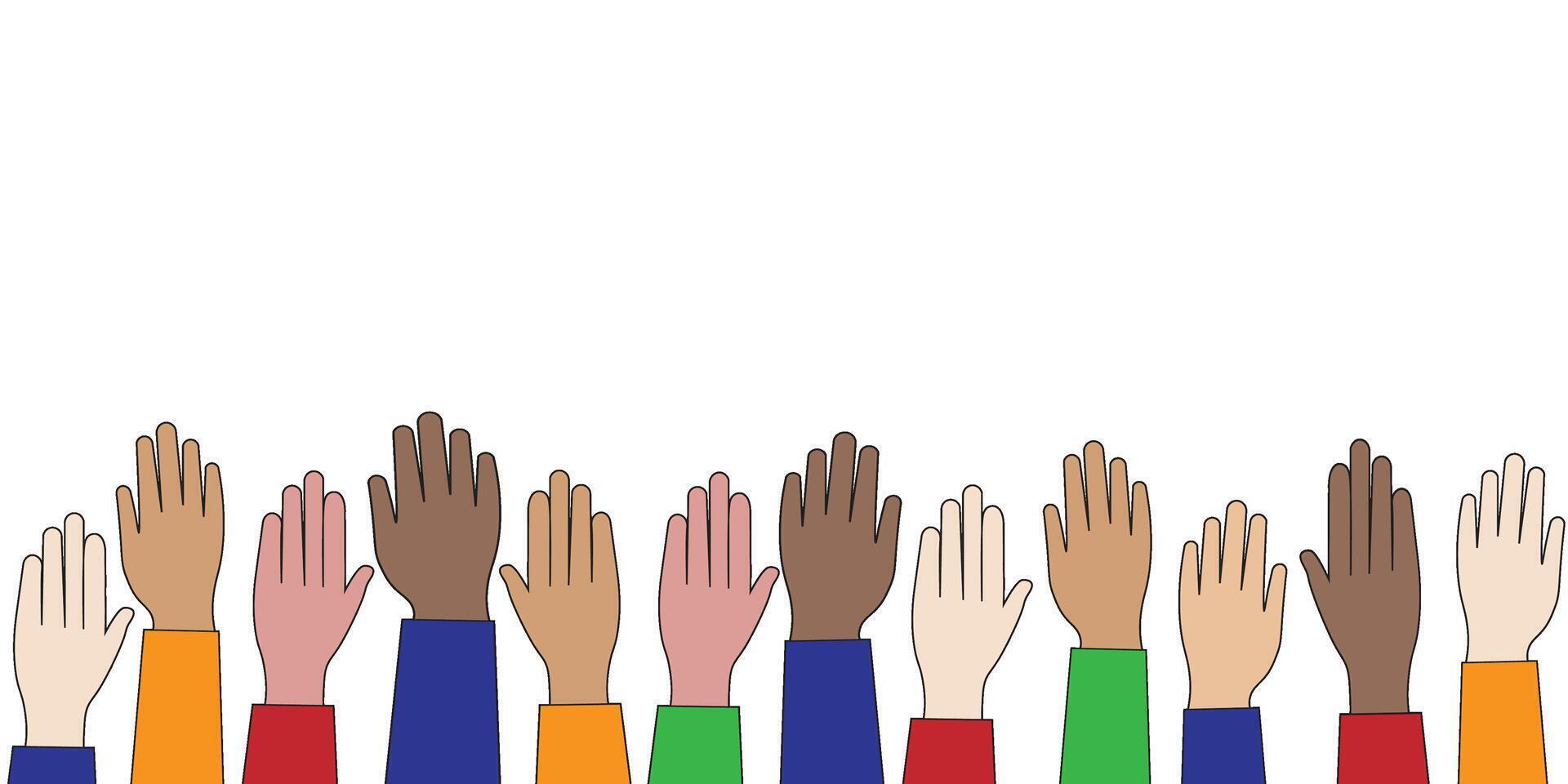 Illustration of multiple raised hands of diverse skin tones, symbolizing unity, support, and inclusion. Brightly colored sleeves emphasize individuality and collective collaboration. vector