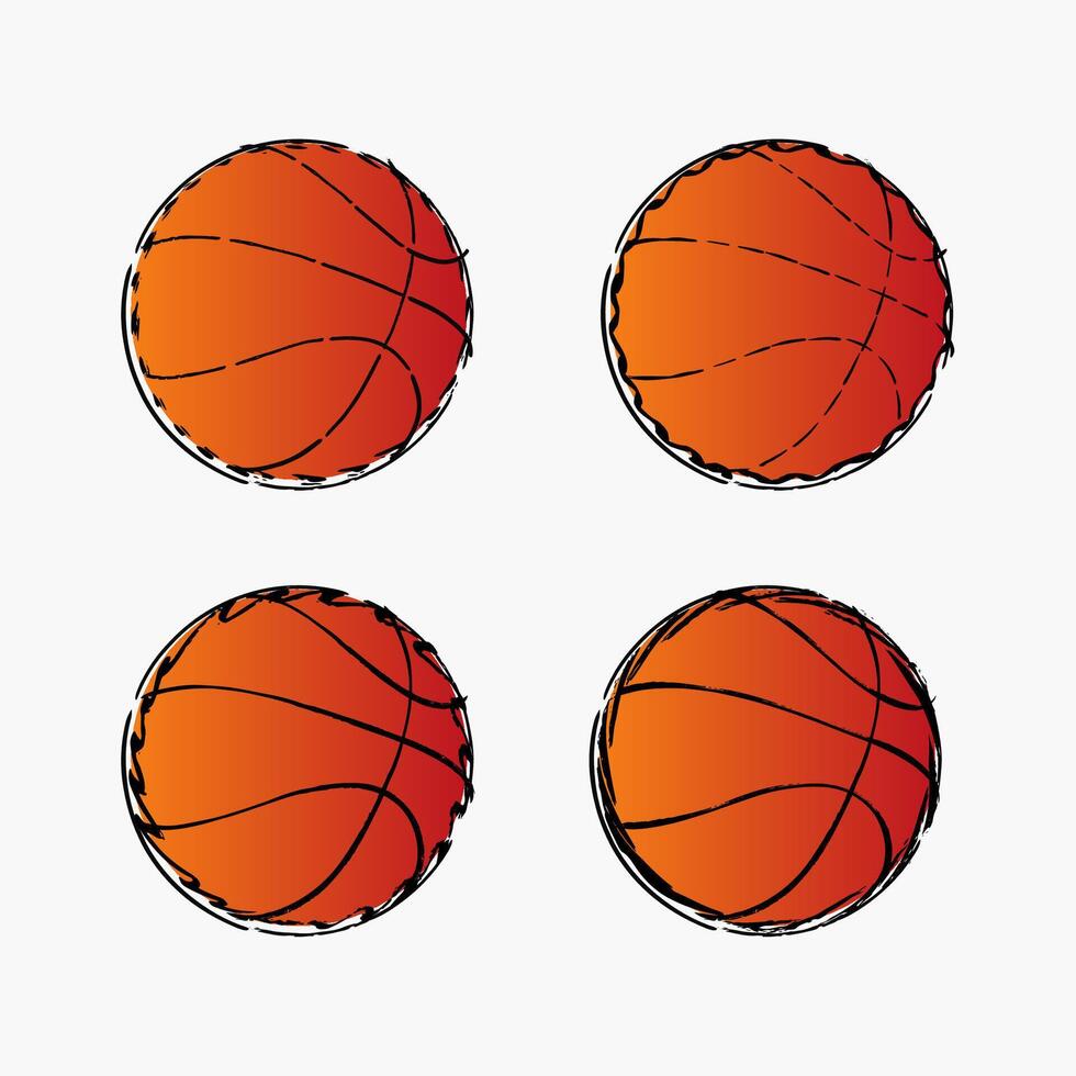 Four illustrated basketballs with black lines and varying orange shades vector