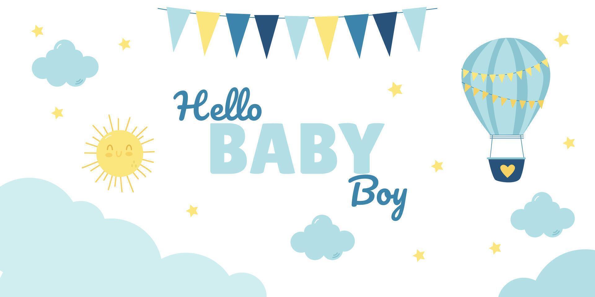 Cute boy's birthday banner with sky, clouds and hot air balloon vector