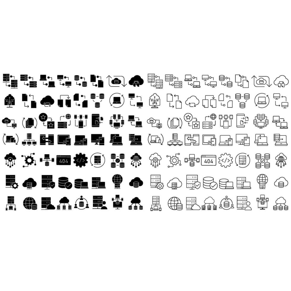 Data center icon set. Data analytics illustration sign collection. Server symbol. Hosting web icons. Containing cloud computing, technology, big data, database and more. vector