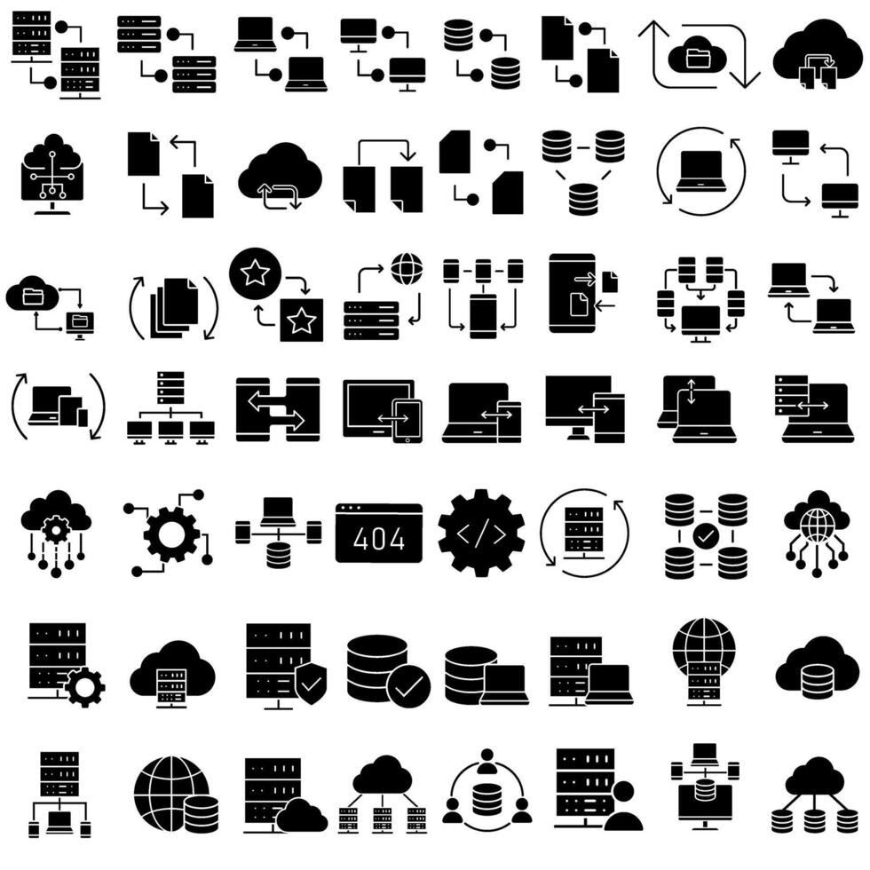 Data center icon set. Data analytics illustration sign collection. Server symbol. Hosting web icons. Containing cloud computing, technology, big data, database. vector