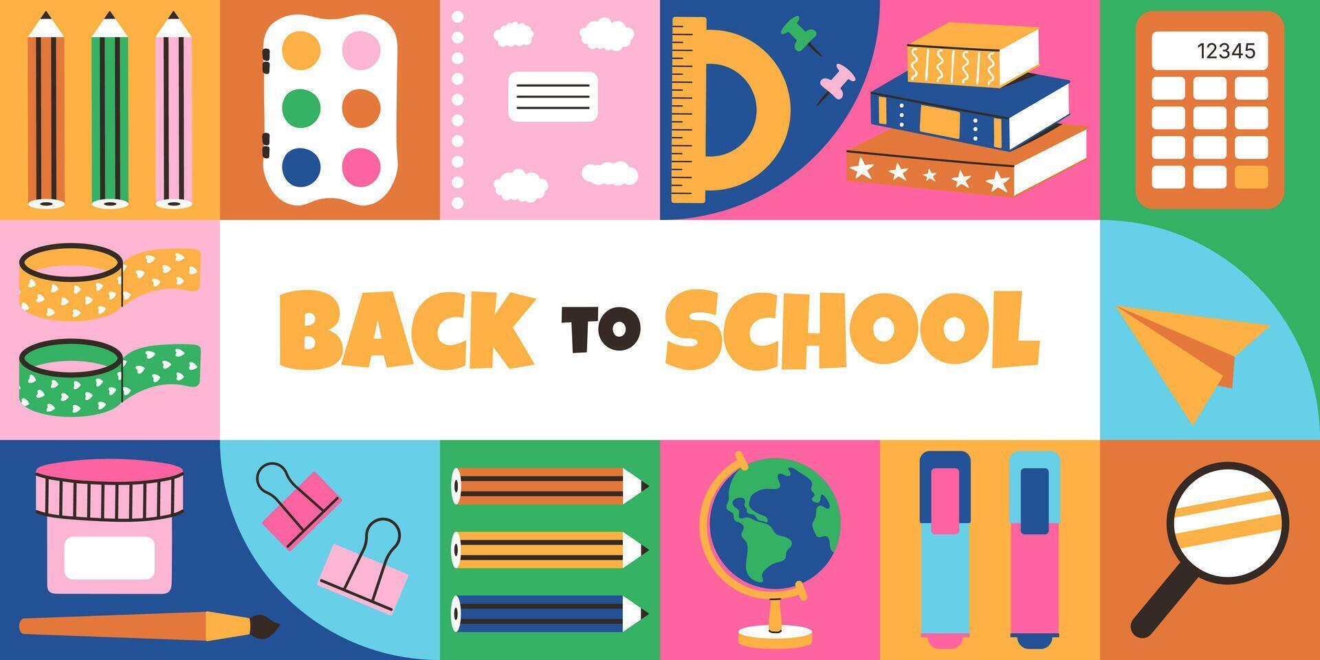 Back to School banner template. Minimalist Geometric background. Trendy minimalist design with simple shapes supplies icons. Education invitation, card, cover, sale. Colorful frame from stationery. vector