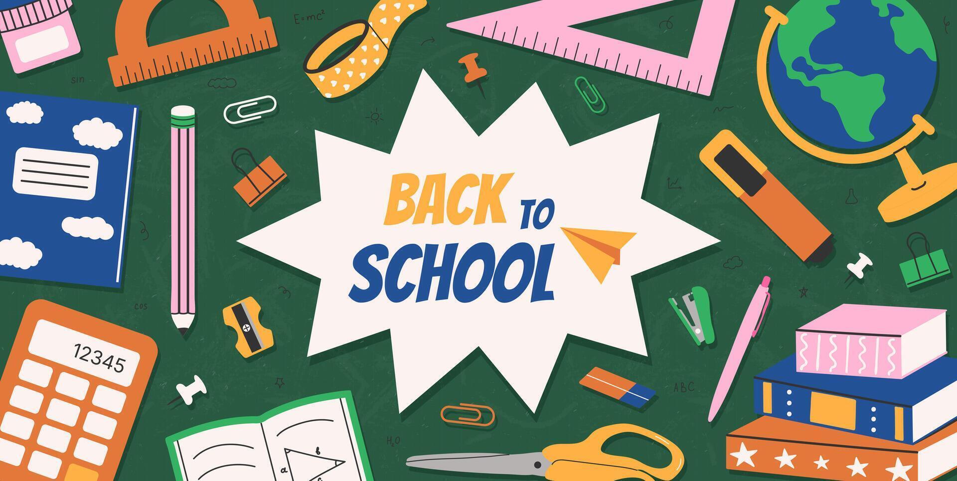 Back to school banner template. Education background with hand drawn elements. Blackboard and school supplies. Globe, rulers, book, pencils, doodle. design for card, poster, flyer, sale vector