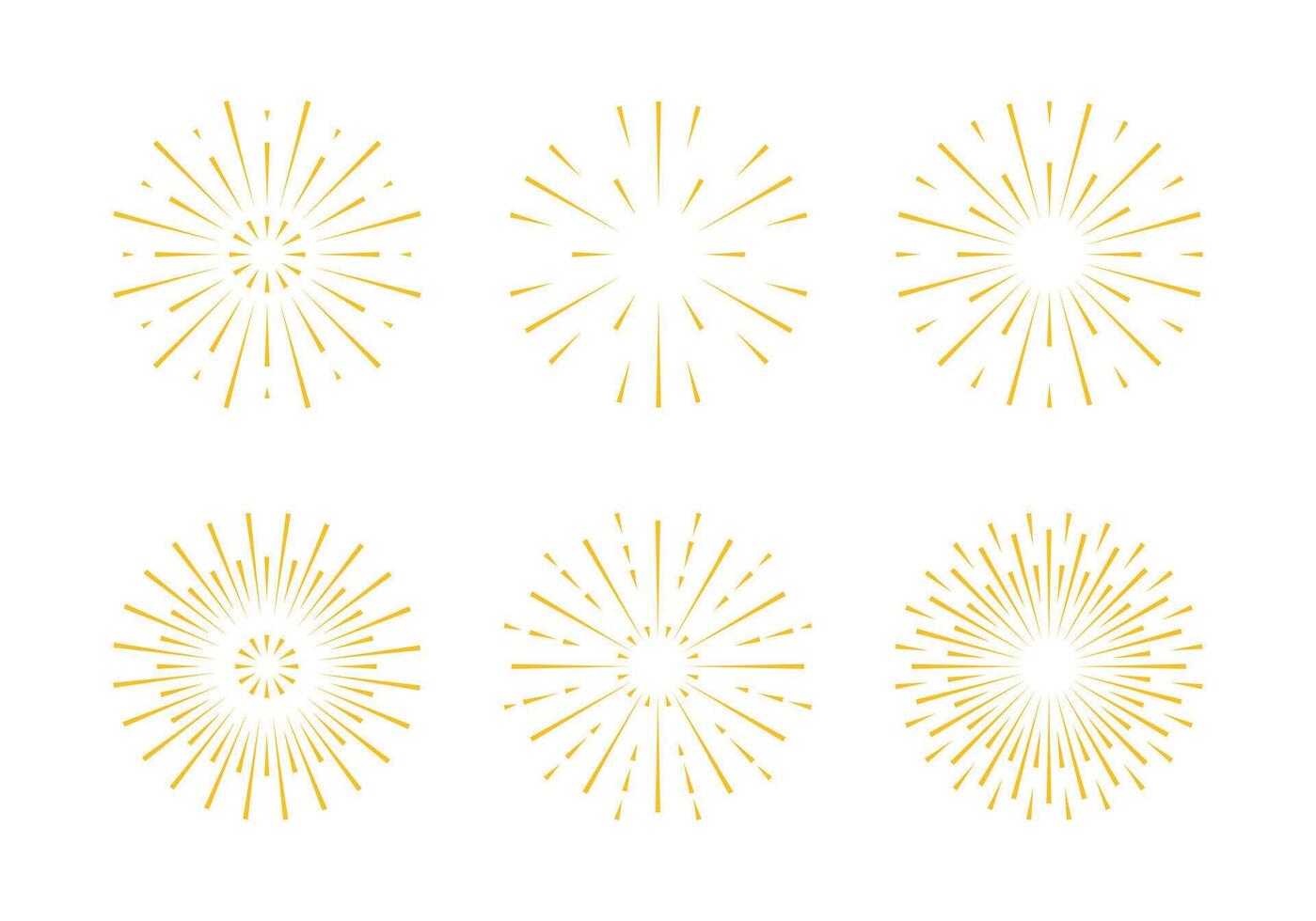 Sunburst set. Gold radial lines shape. Abstract fireworks in flat style isolated on white background. Bright pyrotechnic burst for festival design. vector