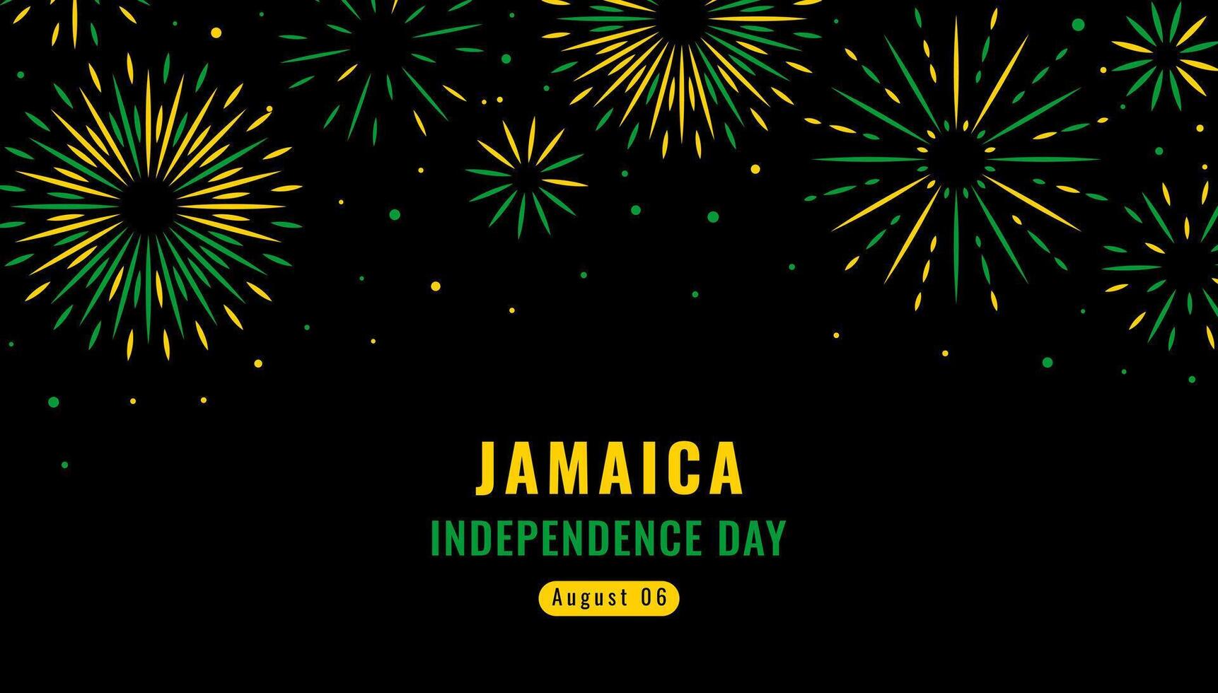 Independence day of Jamaica August 6 illustration. National holiday banner template with typography. Greeting card with flat style Fireworks. Flag yellow green glitter on black background. vector