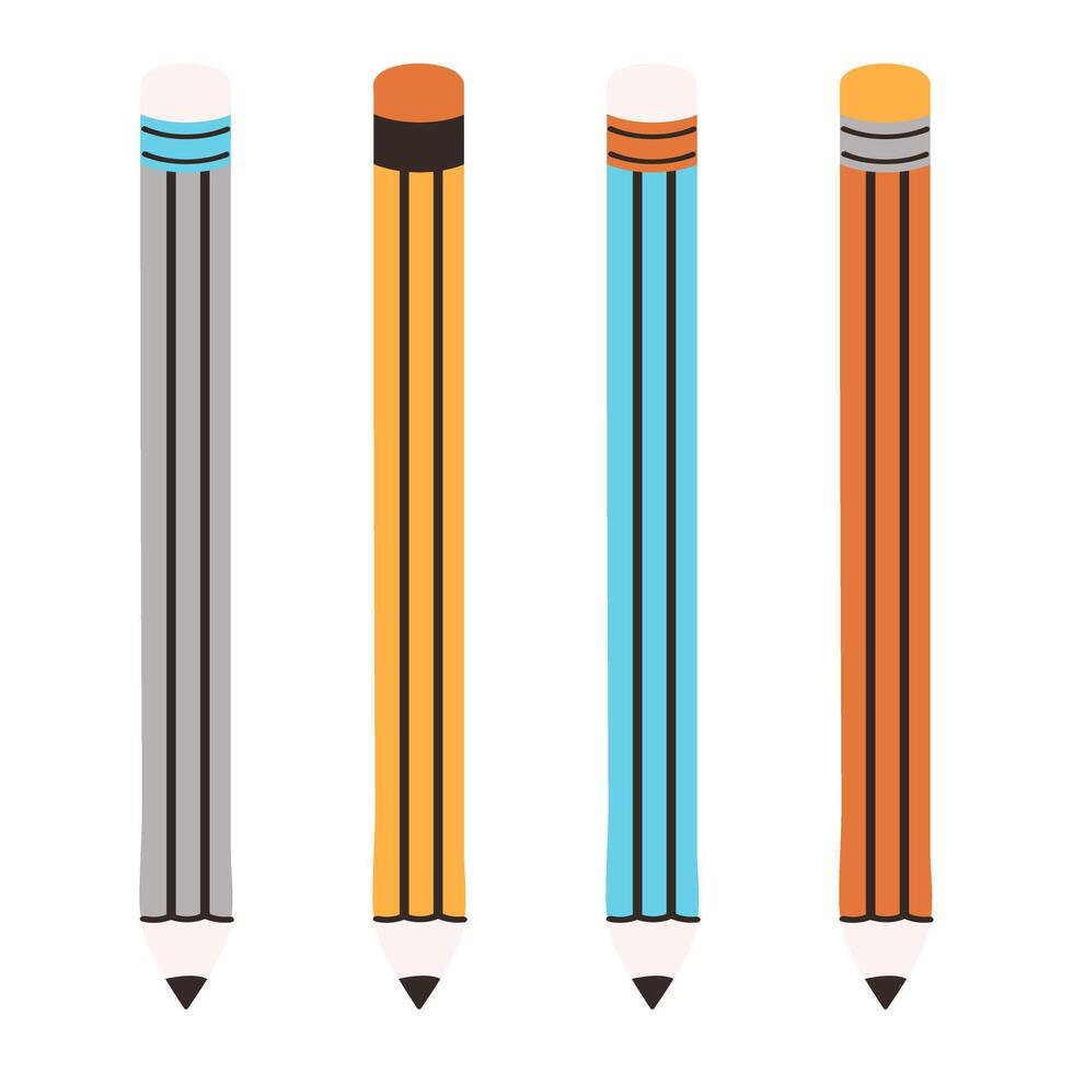 Flat Pencils set. Yellow orange blue school stationery element for poster banner card sale. Multicolored bright art tool for drawing. vector