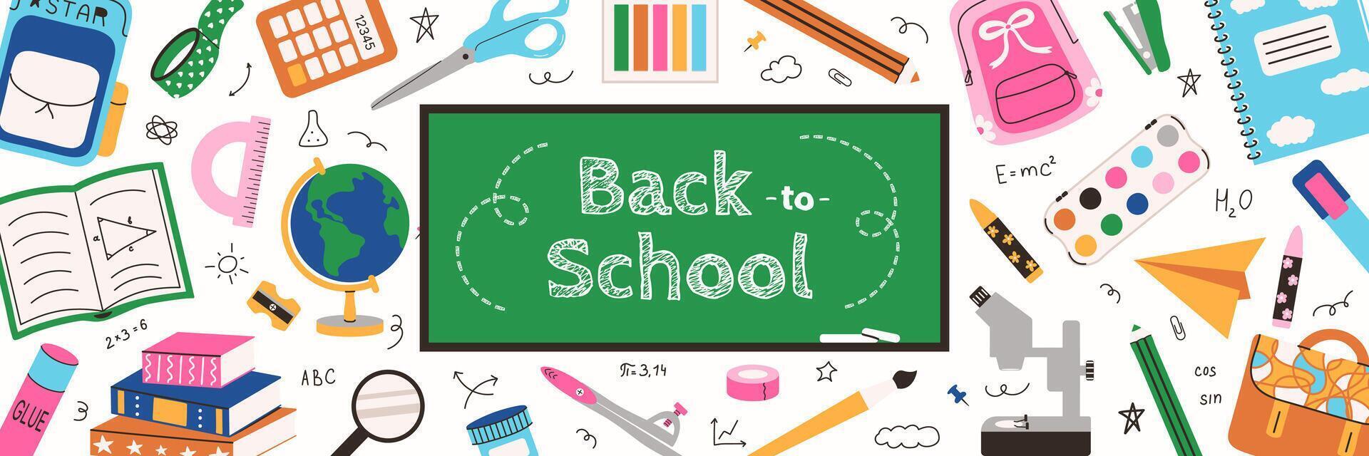 Back to School banner, poster, greeting card with blackboard, chalk handwritten text and student Supplies. Checkered background of paper notebook sheet. Education concept in flat style. vector