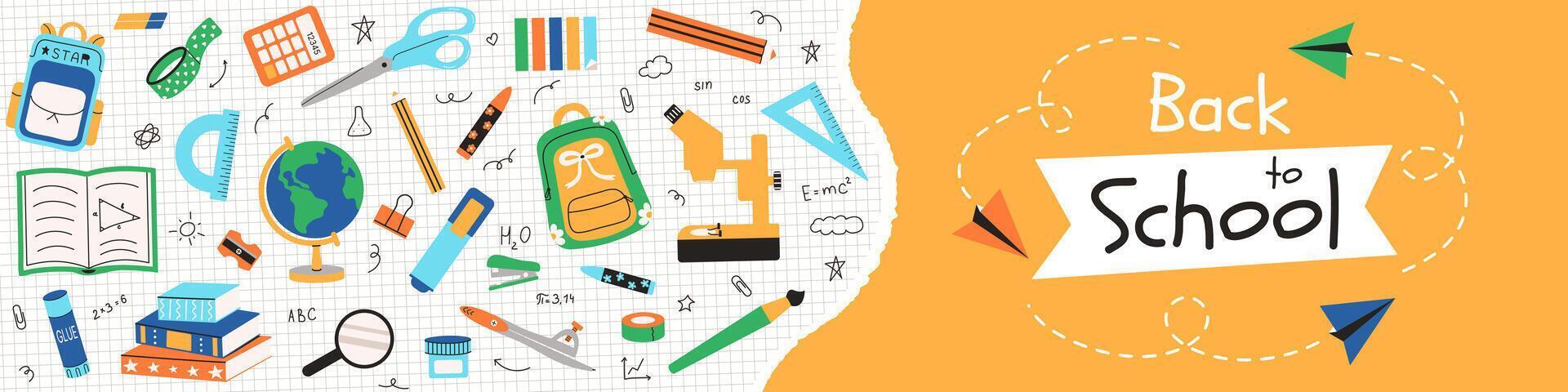 Back to School horizontal banner template in flat style. Long cover with Supplies and typography. Stationery goods for study. Backpack, microscope, pens, notebook sheet. Yellow background for sale vector