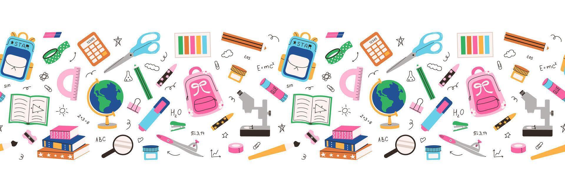 Education Seamless border. Supplies endless pattern. Back to School stationery background. Hand drawn backpack, microscope, pencil, notebook for banner card. illustration. vector