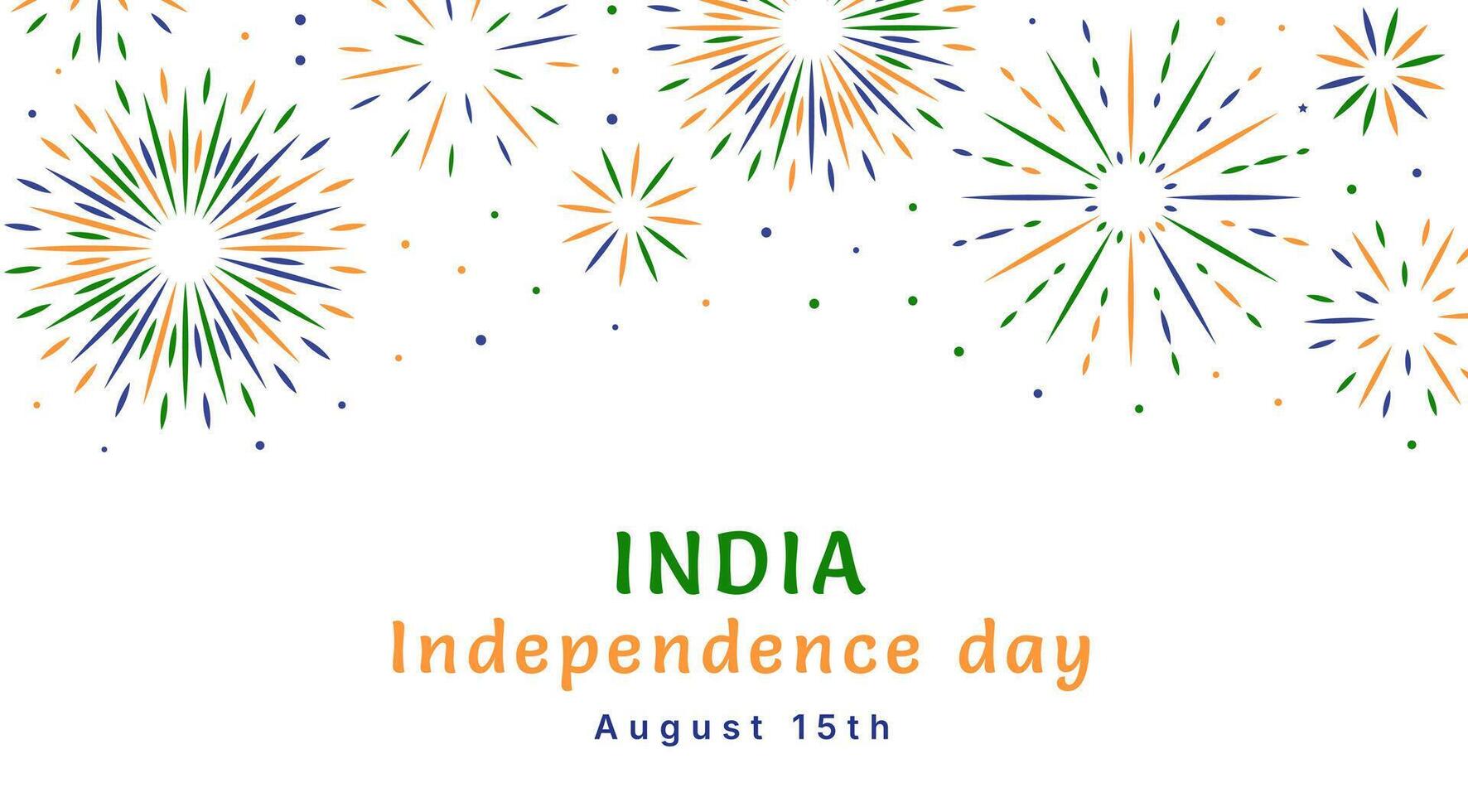 Independence Day of India August 15 banner with fireworks set. National patriotic holiday poster card flyer template with typography. Greeting card with flat style flag color glitter. Ashoka chakra vector