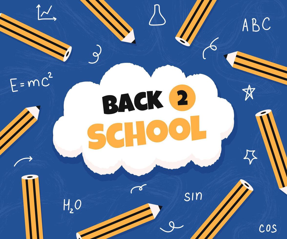 Back 2 School banner template. Education concept background. Flat style pencils make frame. Doodle element on blue backdrop. Greeting text on cloud. vector