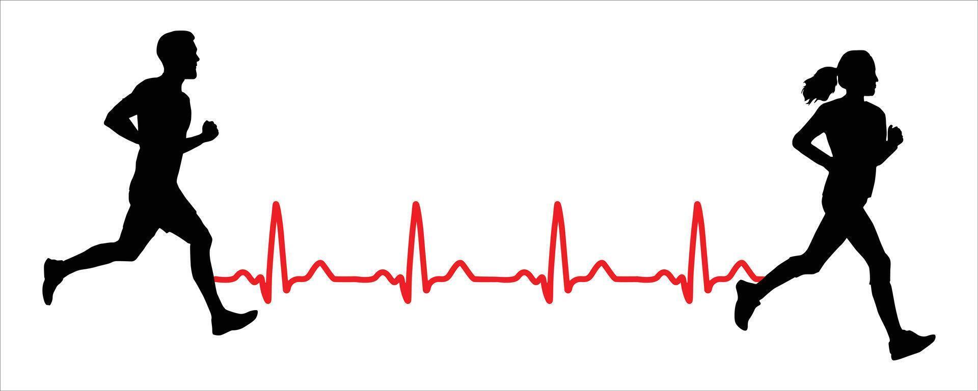 Silhouette Runners with Heartbeat Line . Fitness and Heart Health Concept Illustration vector