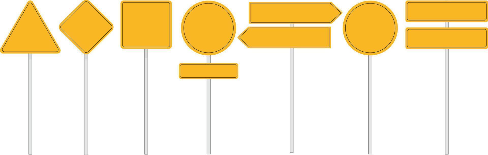 Set of Blank Yellow Road Signs on Poles . Triangle, Circle, Arrow, and Geometric Shapes Illustration vector