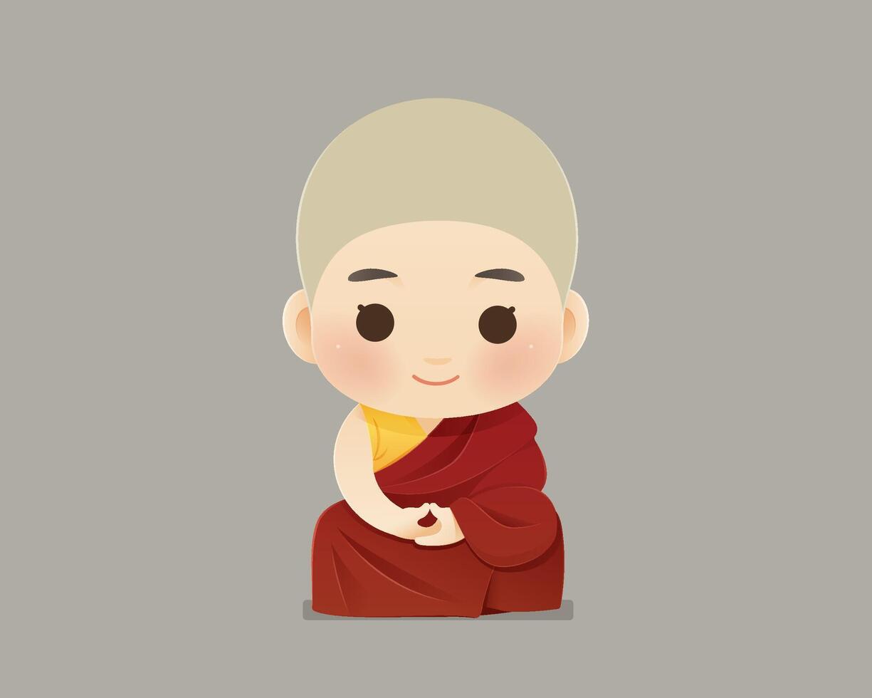 Cute Tibetan novice monk in red robe symbolizing mindfulness. vector