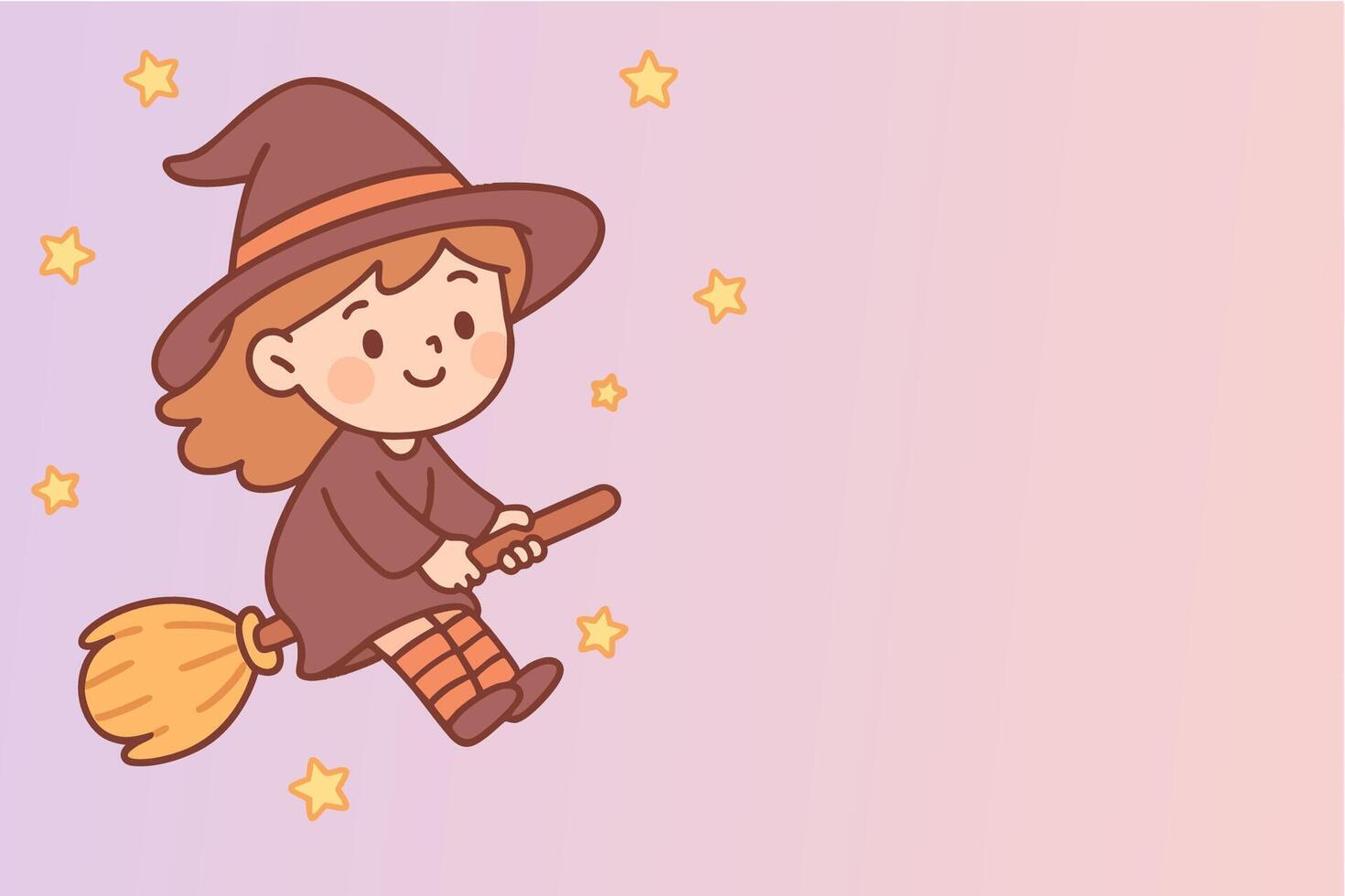 Young witch flying on a broomstick amidst twinkling stars in a whimsical illustration vector