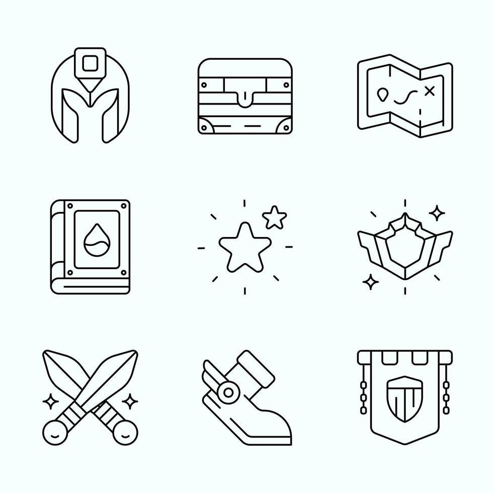 Outline icon pack featuring ranking badges, treasure chest, map, and hero gear items designed for RPG and fantasy game UI components vector